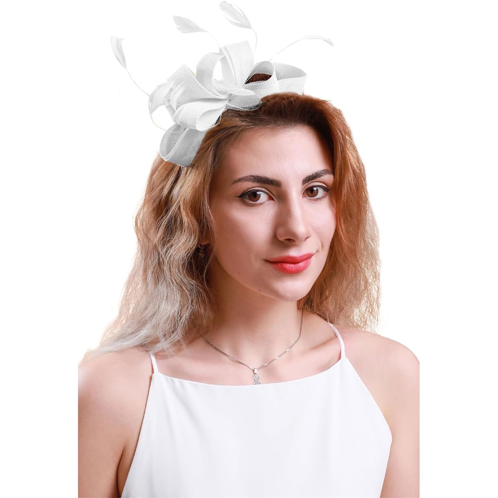 Caistre Women's C-White Fascinator Hat Feather Mesh Headpiece Wedding Party Headband Or Clip Hair Accessory Race Cocktail Bridal Event