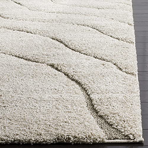 Image of Abstract Wavy Design Shaggy Rectangular Carpet For Living Room,Bedroom,High Low Design Finish Microfiber 1.8 Inch Pile High,5X7 Feet Cream|Beige Color