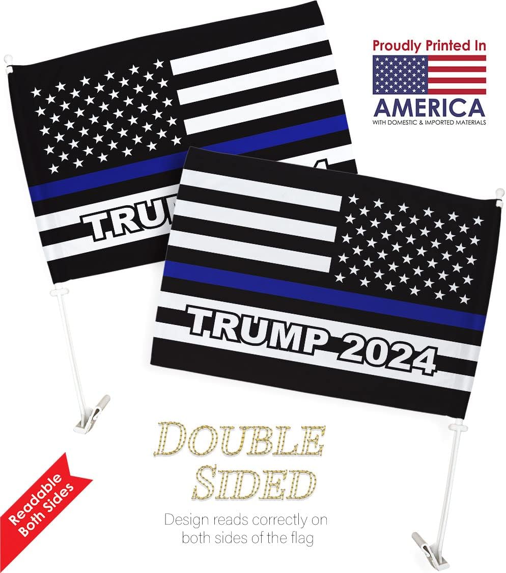 Trump 2024 Thin Blue Line Car Flag Vehicle Auto Decorations for Window Decor Mount Bracket Small Tapestry Pro-Trump 2024 MAGA Bandera para Carros Outdoor Pole Accessories Made in USA