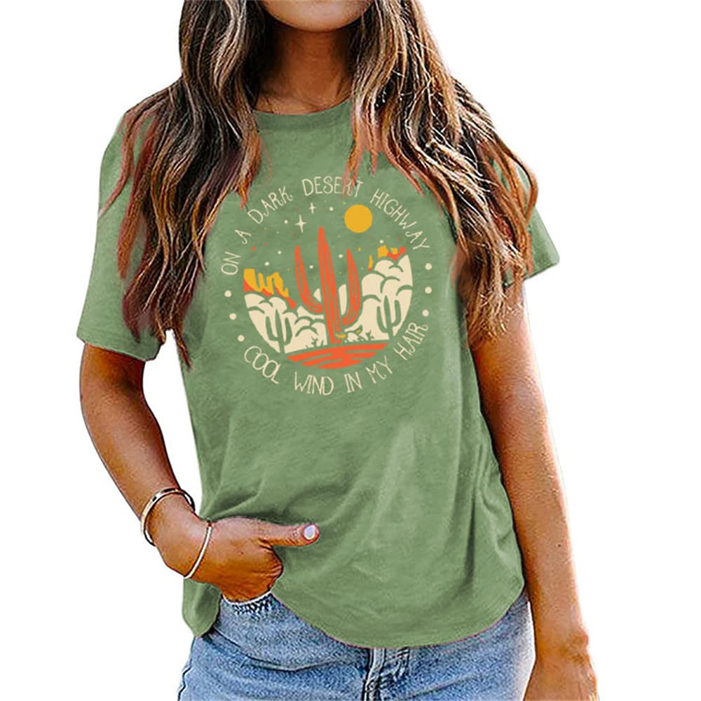 Mlzhan Women's Olive Green On A Dark Desert Highway Cactus Graphic Shirt Tops Aesthetic Tees Vintage Harajuku Blouses Shirts (,L,L)