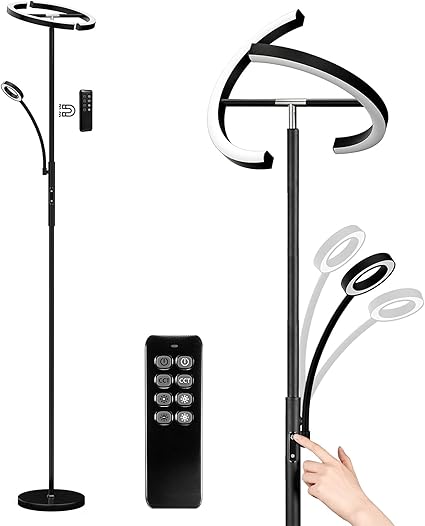 Anten Anten KAKA Vloerlamp, dimbaar, led, zwart, 20 W met flexibele 7 W leeslamp, moderne plafondschijnwerper, afstandsbediening, 2000 lm, 4 kleurtemperaturen, woonkamer, slaapkamer, kantoor, hotel