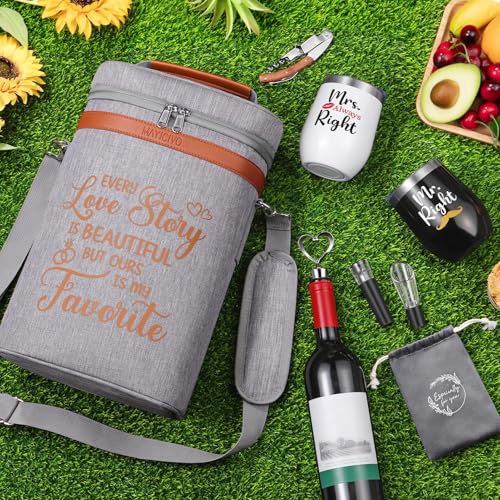 Image of Anniversary Engagement Gift for Couple, Wine Cooler Bag Gifts for Men Women | Bridal Shower Wedding Gifts for Bride Newlywed Husband Wife, Mr and Mrs Wines Baskets Gift Set w / Tumbler & Wines Accessories
