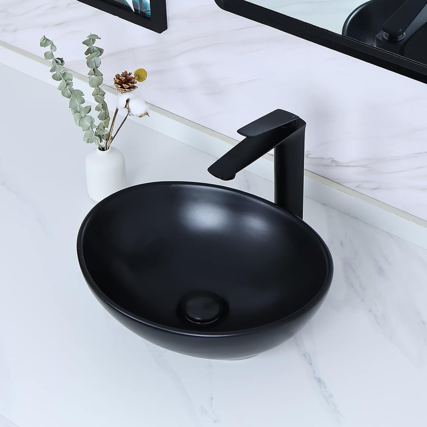 Davivy 15.7" x 13" Matte Black Oval Vessel Sink with Pop Up Drain,Bathroom Sinks Above Counter,Bathroom Vessel Sinks,Ceramic Vessel Sinks,Matte Black Vessel Sink for Bathrooms
