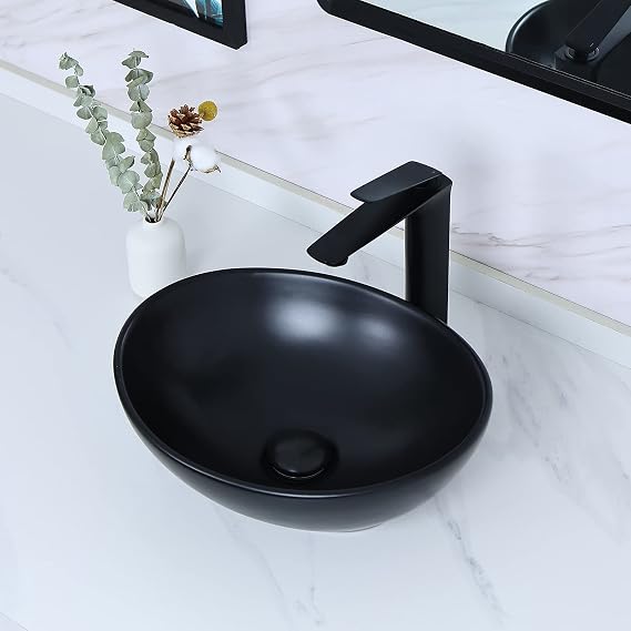 Davivy 15.7 x 13 Matte Black Oval Vessel Sink with Pop Up Drain,Bathroom Sinks Above Counter,Bathroom Vessel Sinks,Ceramic Vessel Sinks,Matte Black Vessel Sink for Bathrooms
