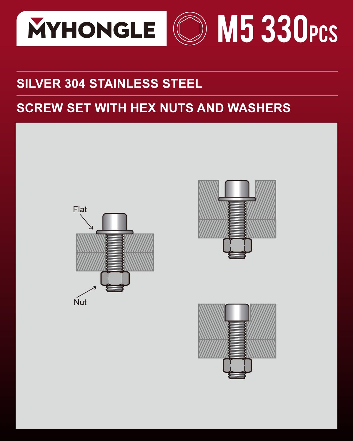330 Pcs M5 Nuts and Bolts Set, Hex Socket Head Cap Screws Bolts and Nuts Set, Assorted Bolt and Nut Set including Washers - Image 3