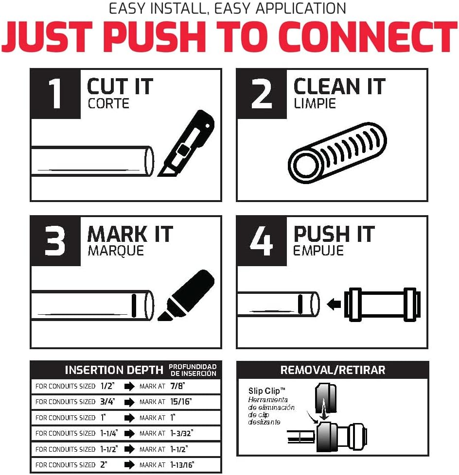 QuickFitting 1 Inch PVC Conduit Coupling, Push to Connect Electrical Fitting with Slip Clip Disconnect Tool for Rigid Schedule 40 and 80 PVC Conduit, 10 Pack
