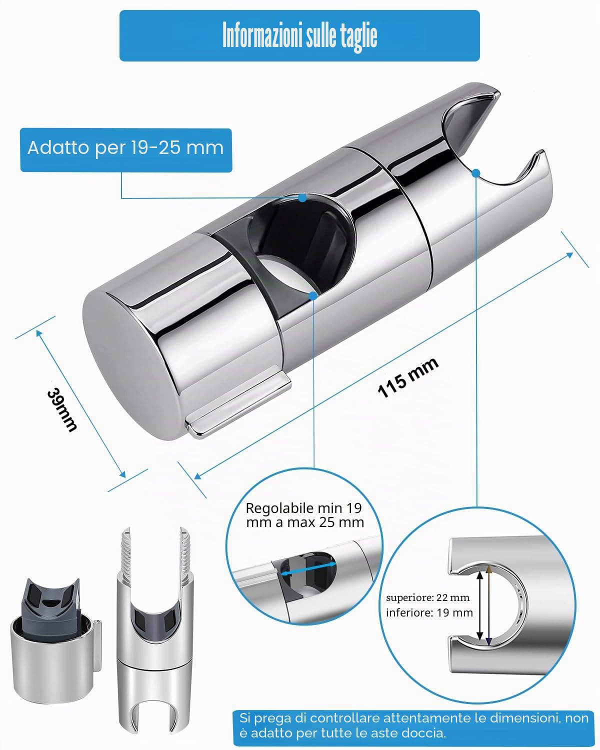 Supporto soffione doccia, supporto soffione doccia per asta scorrevole regolabile 19-25 mm, supporto doccetta scorrevole, supporto doccia girevole a 45° per asta doccia