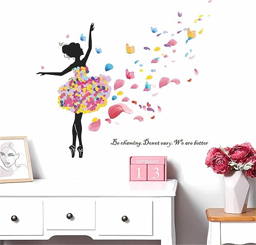 Calcomanías de pared con diseño de pétalos de flores de colores para niñas pequeñas, calcomanías de pared de sacinora Ballet Fairy Art de vinilo