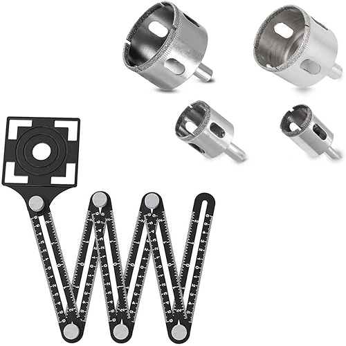 Gabarito Régua Marcador Esquadro Furo Piso Cerâmica Porcelanato Vidro + 4 Broca Serra Copo Diamantada Premium 50/40/32/25MM