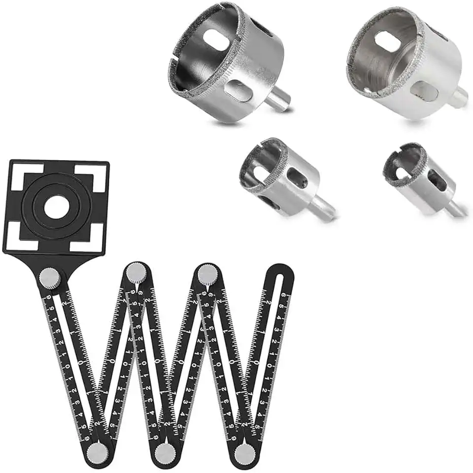 Gabarito Régua Marcador Esquadro Furo Piso Cerâmica Porcelanato Vidro + 4 Broca Serra Copo Diamantada Premium 50/40/32/25MM