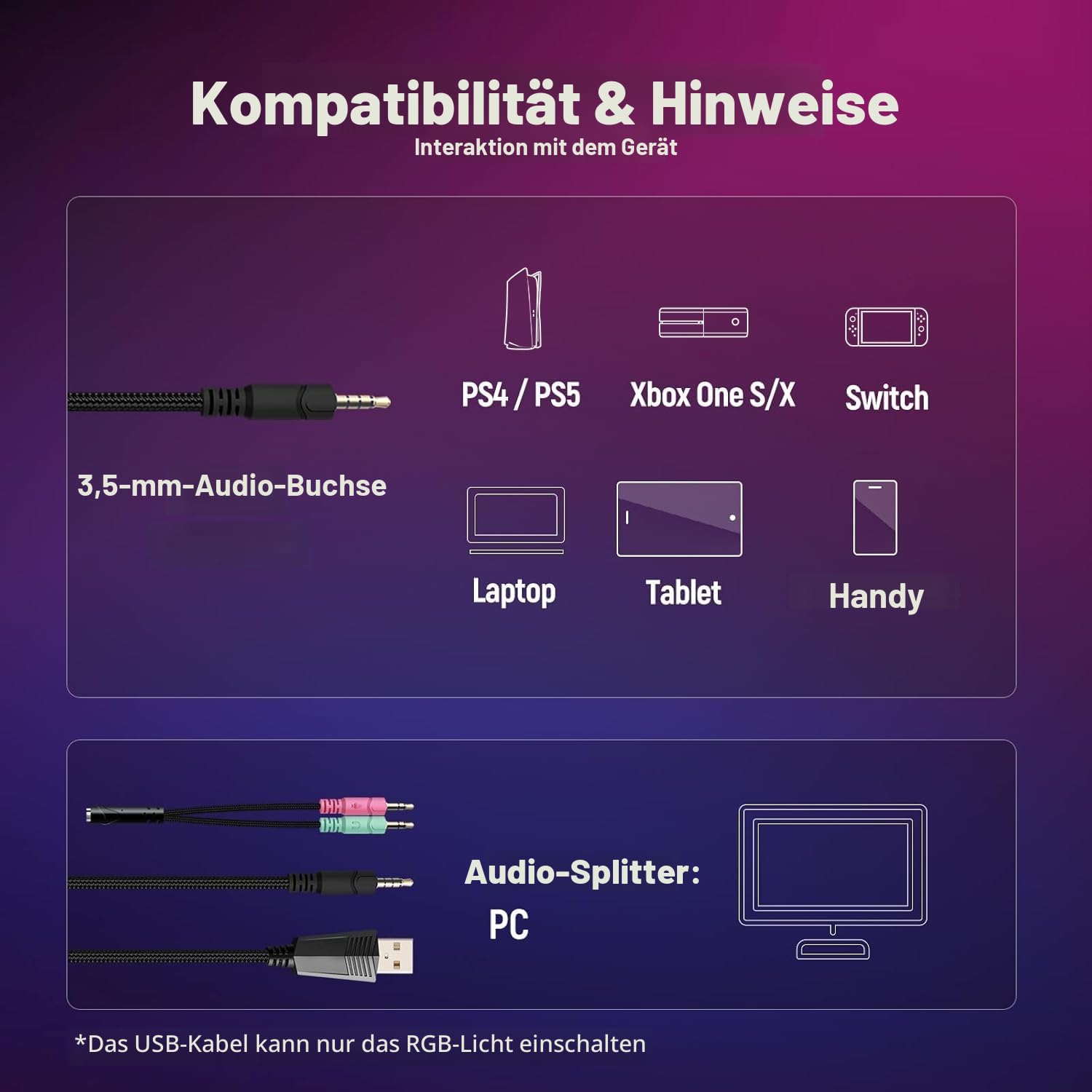 Ozeino Gaming-Headset für PS5, PC, PS4, RGB in 7 Farben, 50-mm-Treiber, Stereo, Bass, Mikrofon mit Geräuschunterdrückung, verstellbar, kompatibel mit Switch, Xbox Series X und S, Weiß