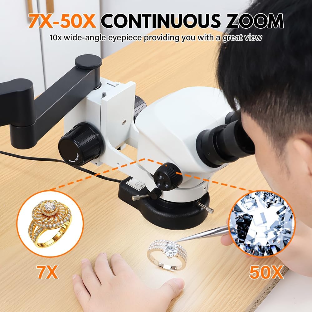 TOAUTO Multi-Directional Microscope 7X-50X Magnification Jewelry Inlaid Microscope with Adjustable Bracket & Ring LED Light
