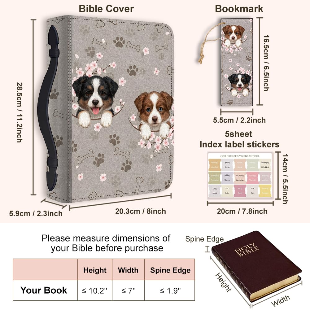Hobbspring Bible Holder Case for School Office Sheepdogs Bible Protective with Handle Bookmark Cherry Blossoms Bibles Cover with Zipper and Label Stickers for Students Adults Brown PU Leather Bag - Image 2