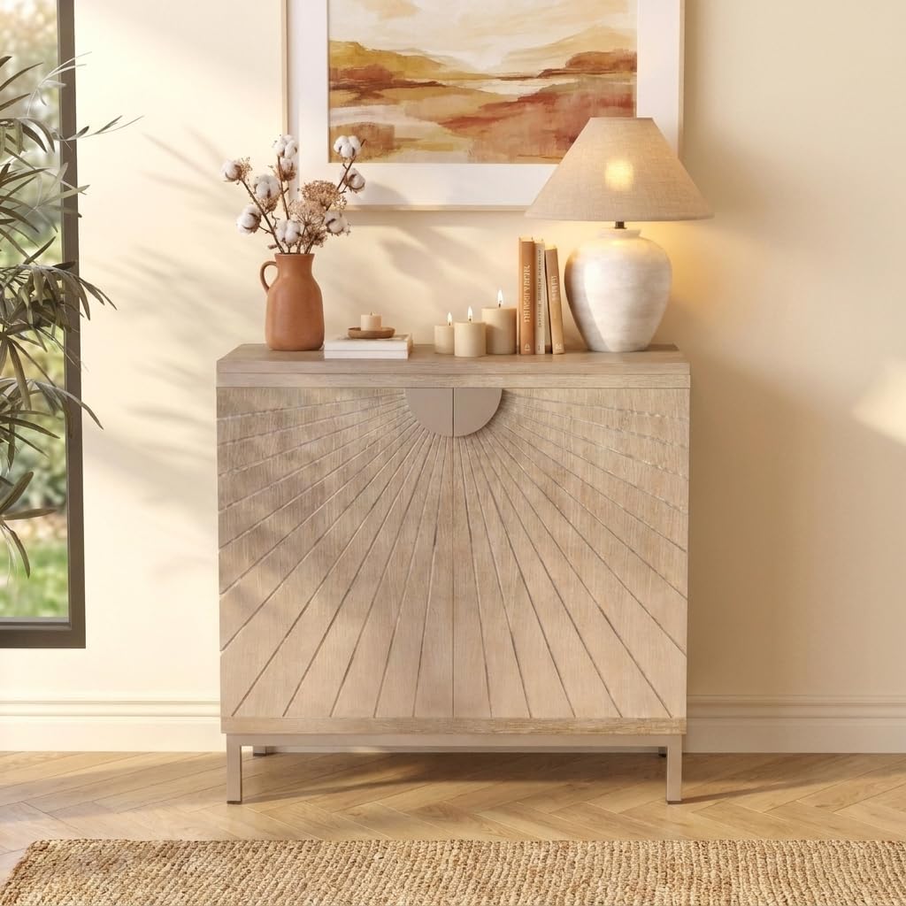 Farmhouse Storage Cabinet with Shelves, Wooden Decorative Cabinet for Living Room, Entryway or Bathroom, Sunburst Pattern, Rustic Wood Finish