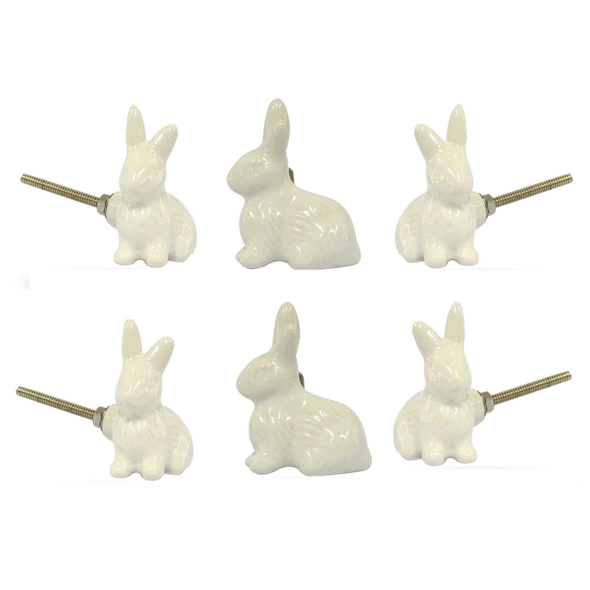 TRINCA-FERRO Set of 6 White Ceramic Rabbit Knobs for Pull and Push for Dresser Drawer Decorative Knobs for Interior Exterior Cabinets | Bedroom |