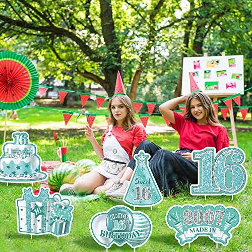 Japbor 6Pcs Happy 16Th Birthday Yard Sign, Teal Silver Sweet 16 Year Lawn Signs With Stakes, Cheers To 16 Years Old Outdoor Lawn Decorations, Breakfast Blue Teens 2007 Bday Party Yard Decor Supplies #TOP4