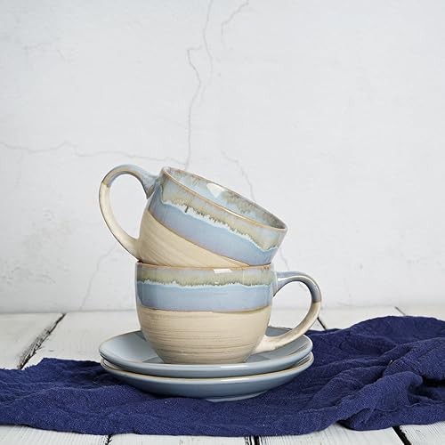 Miniatura 6 de Bosmarlin Juego de 2 tazas y platillo de cerámica para capuchino, 10 onzas, tazas de café para café con leche, expreso, té, lavavajillas y