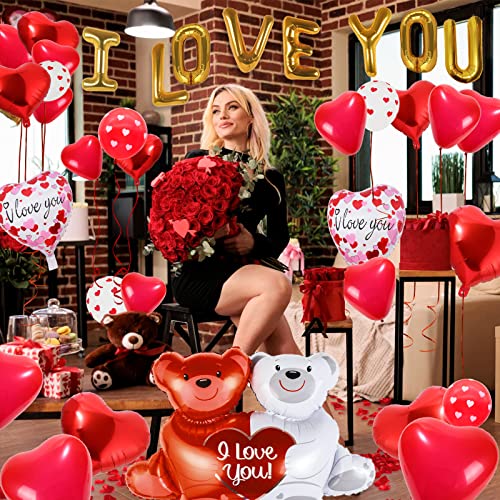 Image of 55 Pack Valentine's Day Balloons with 1000 Pcs Silk Rose Petals - I LOVE YOU Balloons, Heart Balloons, Love-Bear Balloon for Anniversary Valentine Day, Romantic Decorations Special Night for Bedroom