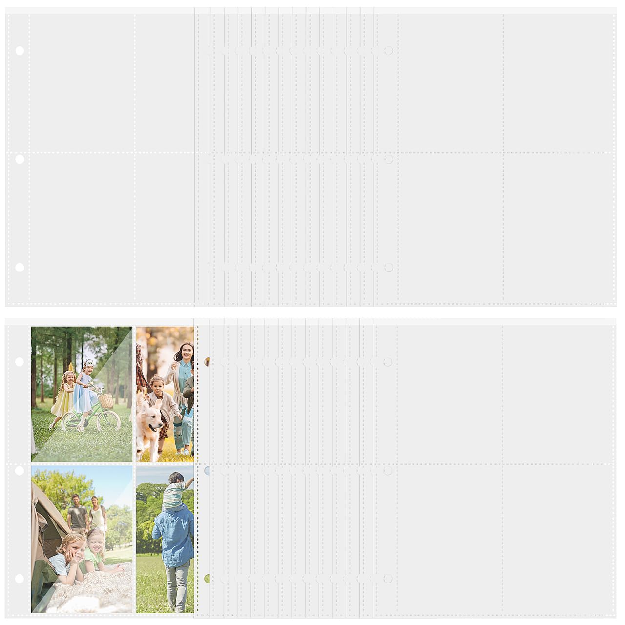 Tofficu 40 Pages Pochettes Transparentes pour Cartes, 4 Compartiments Protège Page Photo pour Classeur 3 Anneaux, Sleeves Plastique pour Cartes Kpop, Postales et Collection (19,5 x 15,5 cm)
