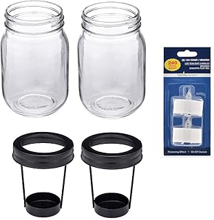 2 Pack Glass Clear Pint Mason Jars with Black Screwtop Tealight and Votive Candle Holders and 2 LED Battery Operated Flameless Long Burning Candles - Decorative Candle Jars