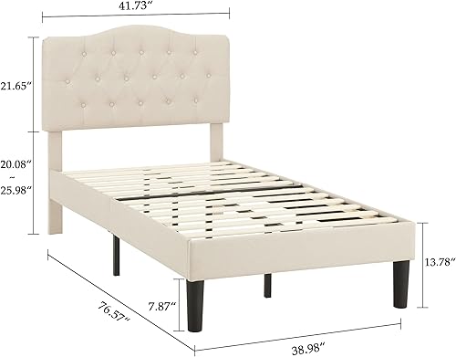 Miniatura 2 de VECELO Base de cama tamaño individual tapizada con cabecera ajustable copetudabase de colchón con soporte de listones de madera, fácil montaje, beige