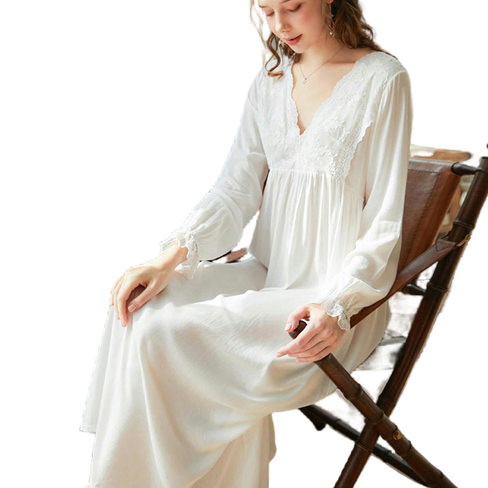 Camicia Notte Donna Nightdress A Maniche Lunghe per Donne Spring Princess Lace Vesti di Cotone A V-Neck Long Autunno Autunno-Manica Lunga-s