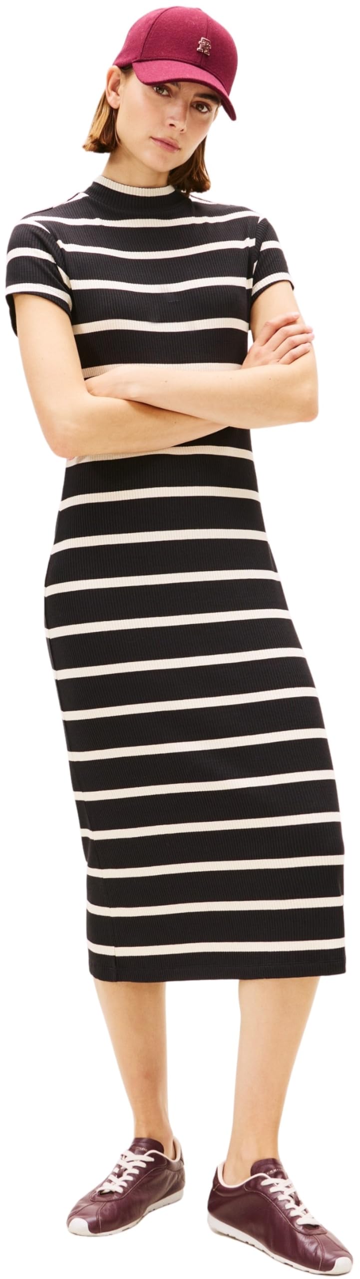 Tommy Hilfiger Women's Slim 5X2 Rib Mock-NK SS DRS WW0WW47860 Bodycon Dress, Black (Black/Calico STP), XS