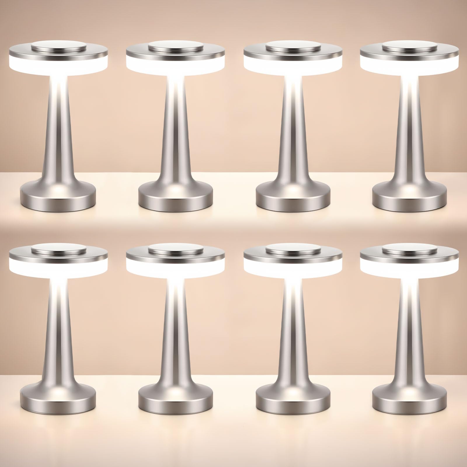 Riakrum 8 Pcs LED Cordless Table Lamp Bulk Rechargeable,Silver