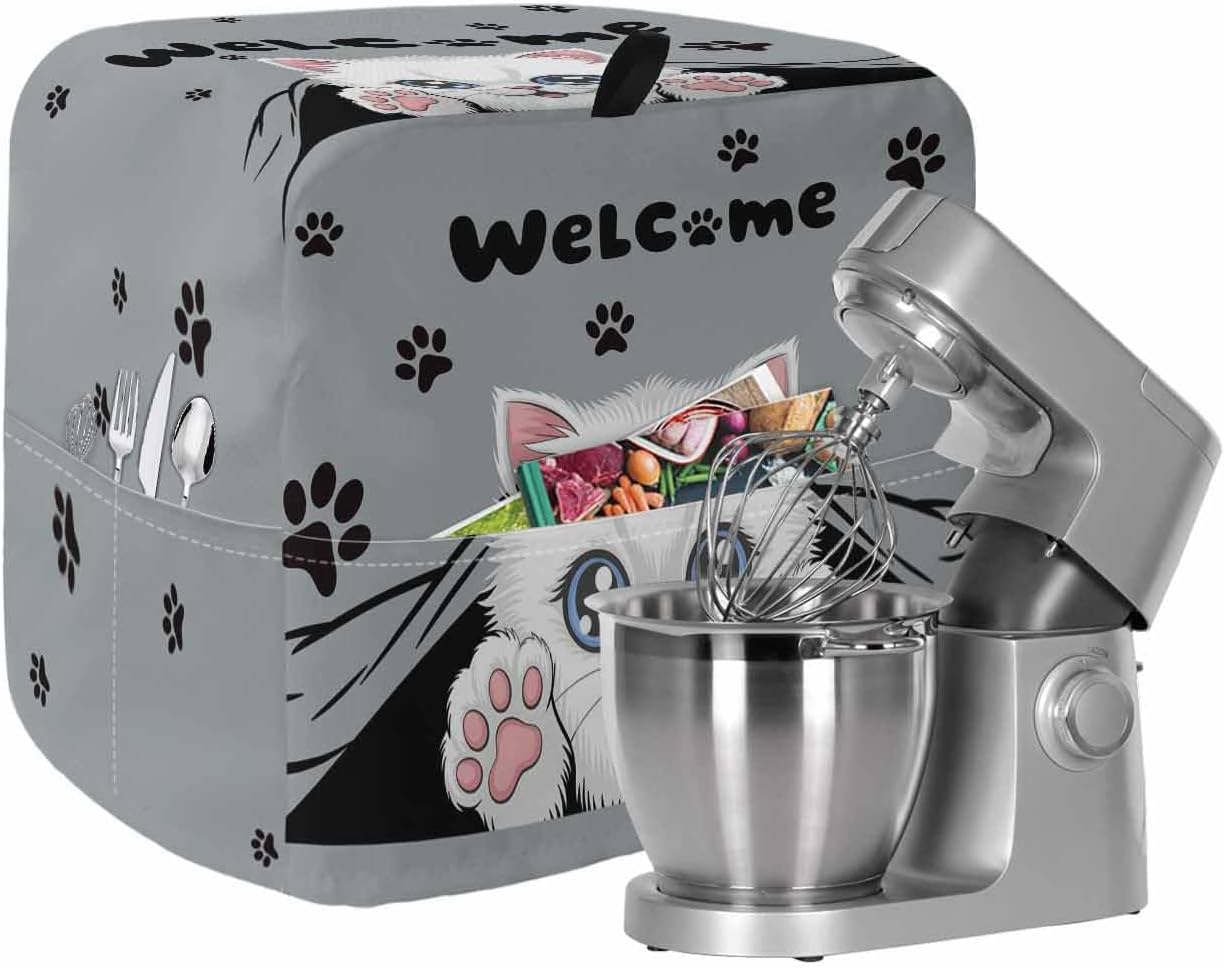 Cute Cats Stand Mixer Cover with Storage Pocket, Waterproof Kitchen Mixer Covers, Vintage Cat Claws Pets Cartoon Kitten Grey Kitchen Appliance Dust Cover Compatible with 4/4.5 Quart Mixers