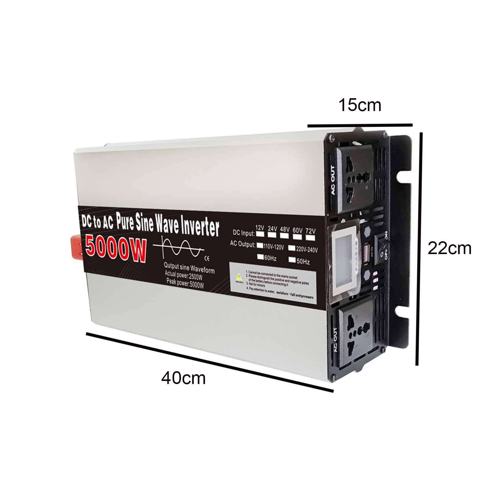 Przenośny inwerter samochodowy 2500W, off-grid czysty sinusowy inwerter 12V-24V DC na AC 120V 240V, przetwornica z wyświetlaczem LCD i pilotem do awaryjnego zasilania