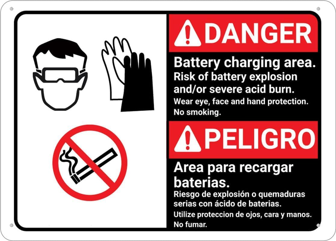 Danger Battery Charging Area Bilingual Spanish Rust Free Aluminum Sign - UV Ink Printed, Pre-Drilled Holes for House Garage - 12x16 Inch​