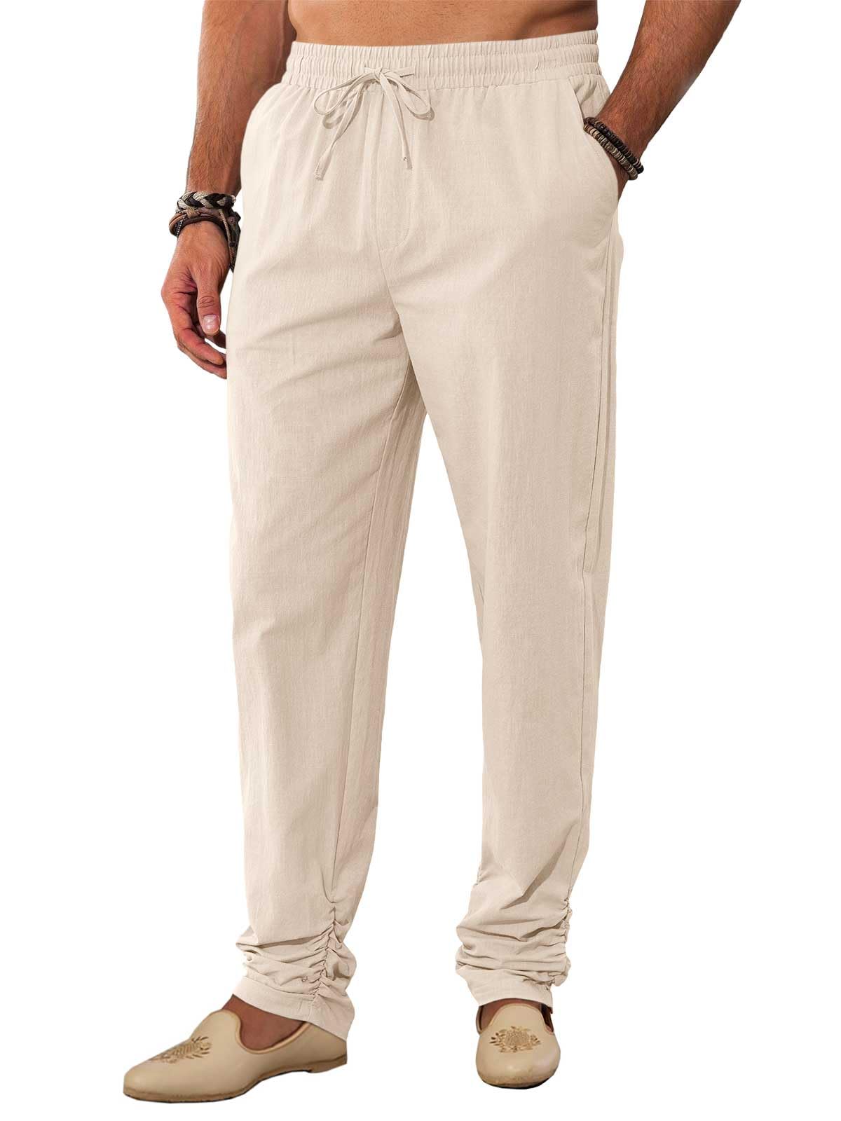 Runcati Mens Kaftan Thobe Pants Cotton Casual Elastic Waist Drawstring Muslim Trousers Summer Yoga Kurta Pants with Pockets