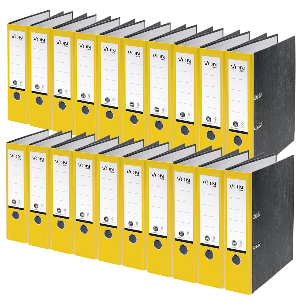 VON Leitz 10530015 A4 Folder, 100% Recycled Paper, 80 mm Spine Width, for 600 Sheets, Blue Angel & FSC Certified, for School, Study & Home, Yellow, Pack of 20