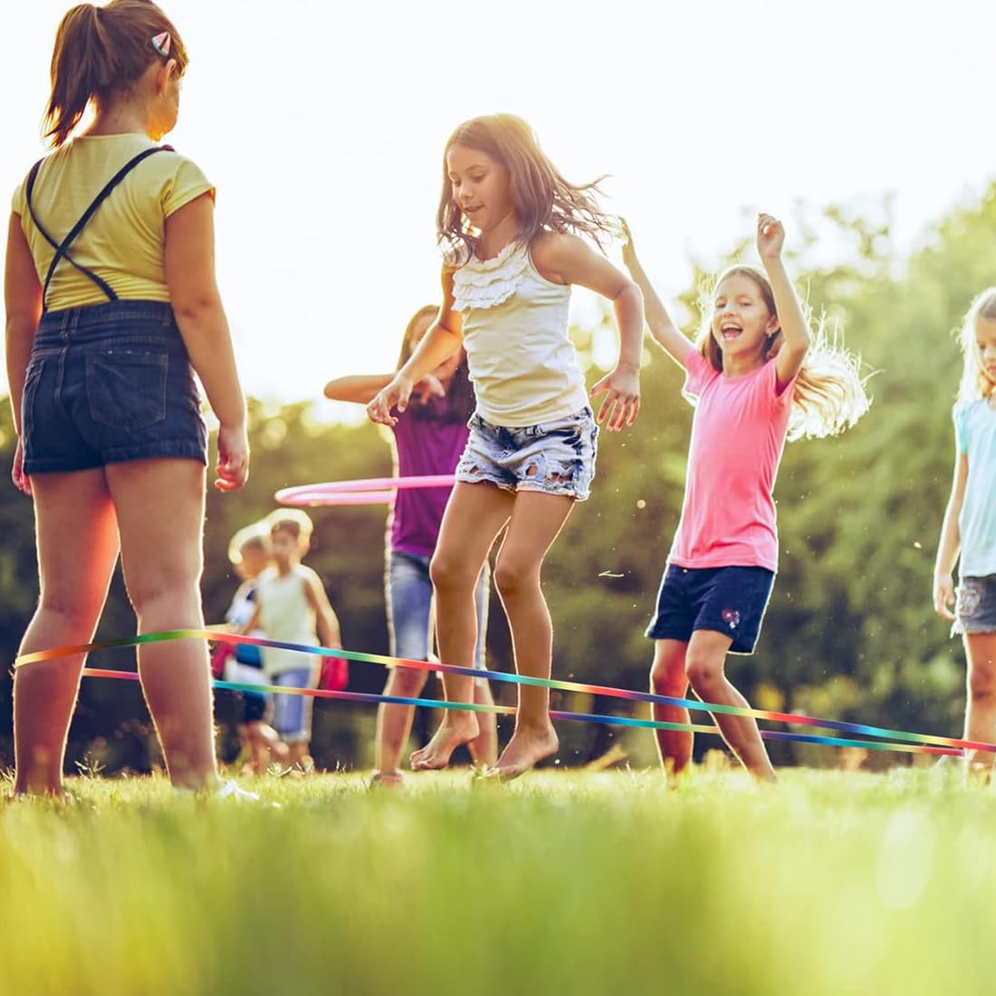 2 pezzi di gomma per bambini con istruzioni per giochi di salto, gomma da saltare, lunghezza 4 m, larghezza 1 cm, nastro arcobaleno, per Bambini Indoor e Outdoor Giochi