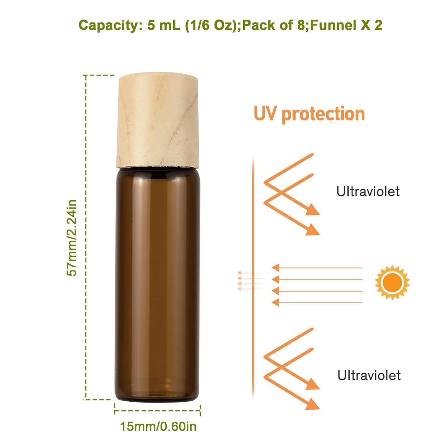 5mL(1/6 Oz) Amber Glass Roll On Bottles, 8 Pack