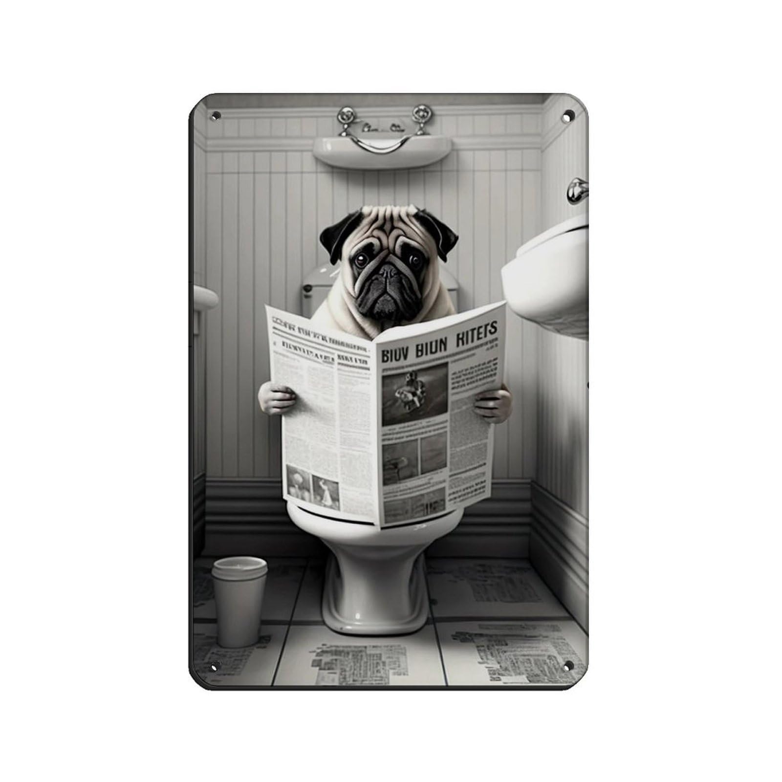 Pug Sitting on The Toilet Reading A Newspaper Retro Poster Metal Tin Sign Chic Art Retro Iron Painting Bar People Cave Cafe Family Garage Poster Wall Decoration 8x12inch(20x30cm)