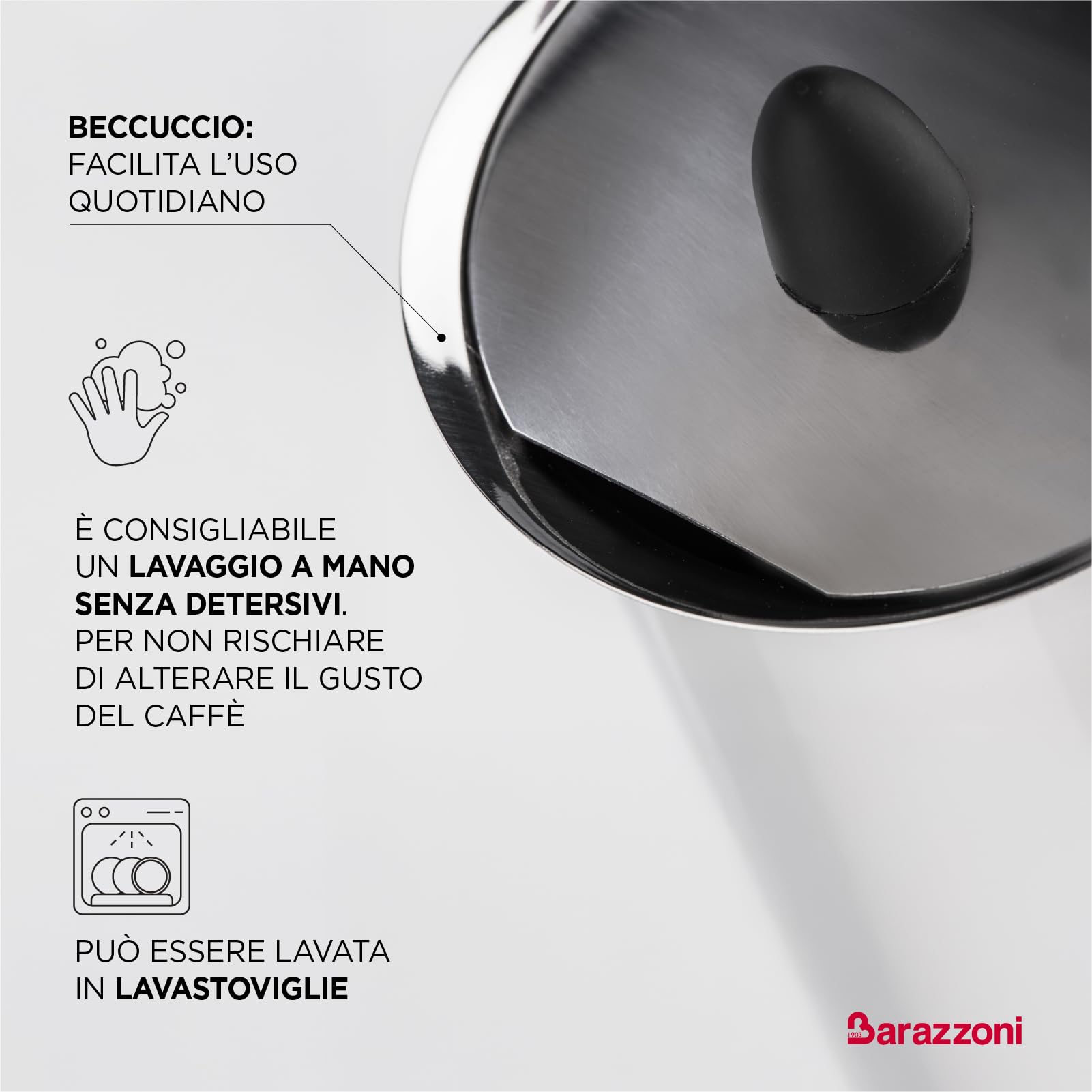 Barazzoni La Caffettiera Inox 4 Tazze. Prodotto certificato dall'Accademia Italiana Maestri del Caffè. Adatta all'induzione