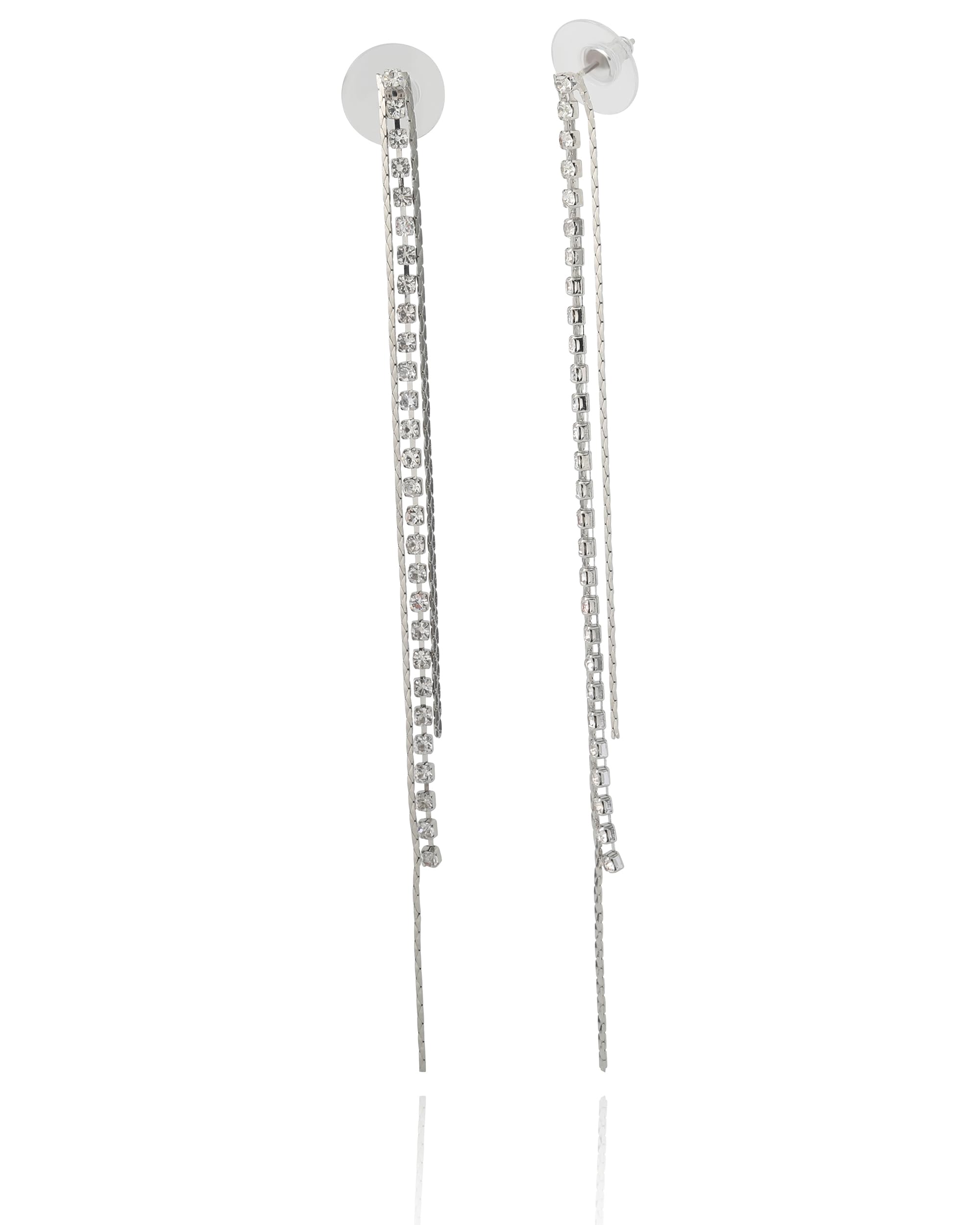 BCBGeneration Silver-Tone Crystal Long Dangle Earrings for Women, Fringe Earrings