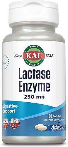 KAL Enzima lactasa de 250 mg, soporte de digestión saludable para la intolerancia a la lactosa, activgeles rellenos de líquido hechos sin soja, 250