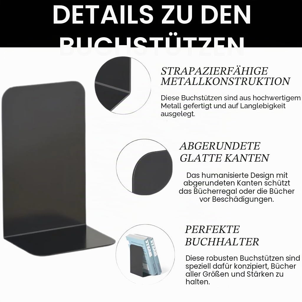 8 Stück robuste schwarze dekorative Metall-Buchstützen, Metall-Buchstützen für Regale, Trennwände, Stopper Halter mit rutschfestem Gummi-Pad für Dekoration, Zuhause, Büro, Bibliothek, Schule
