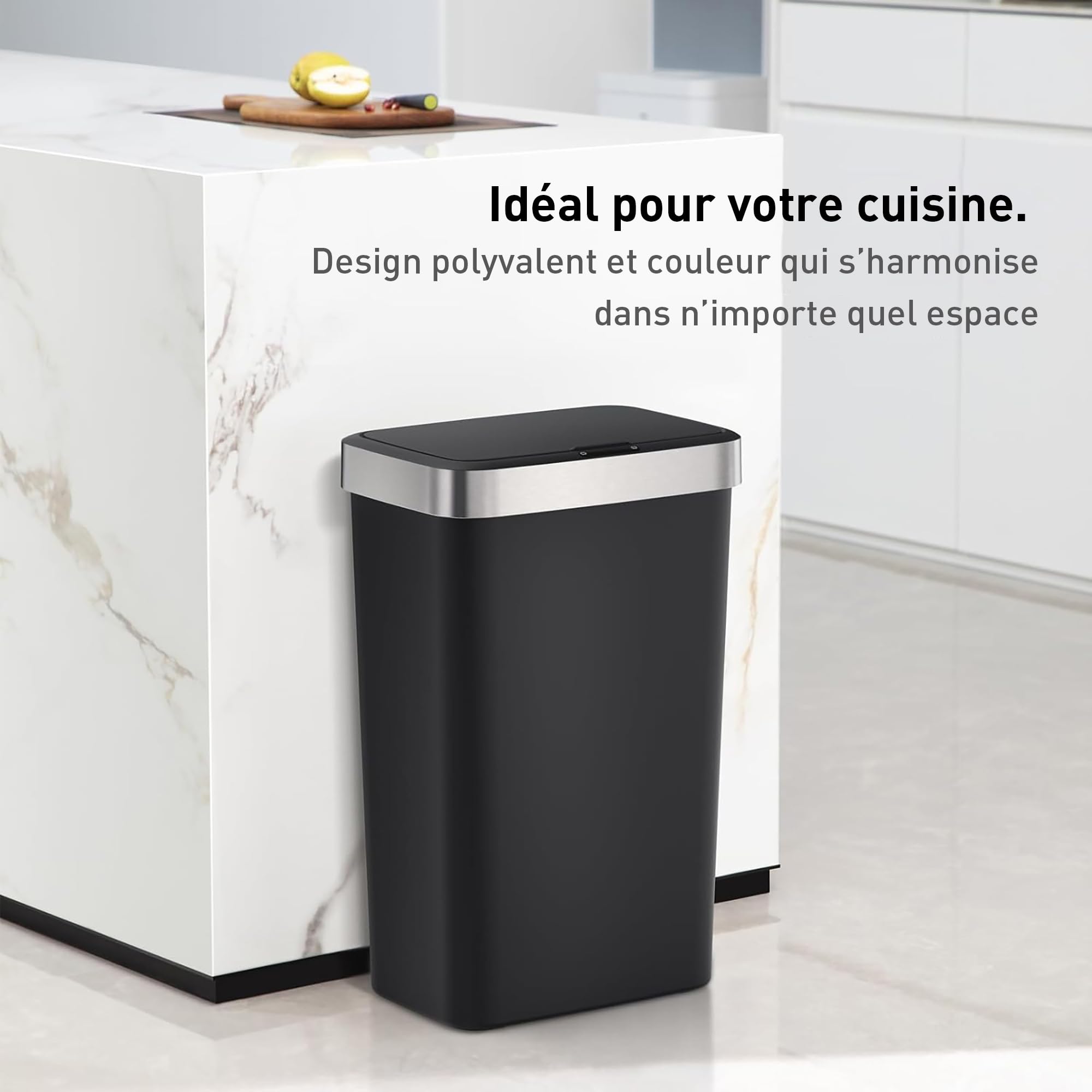 EKO | Poubelle de Cuisine 50 L avec capteur Automatique et Fermeture en Douceur | Poubelle Noire à Piles | Finition Anti-Traces de Doigts, Base antidérapante et Support de Sac