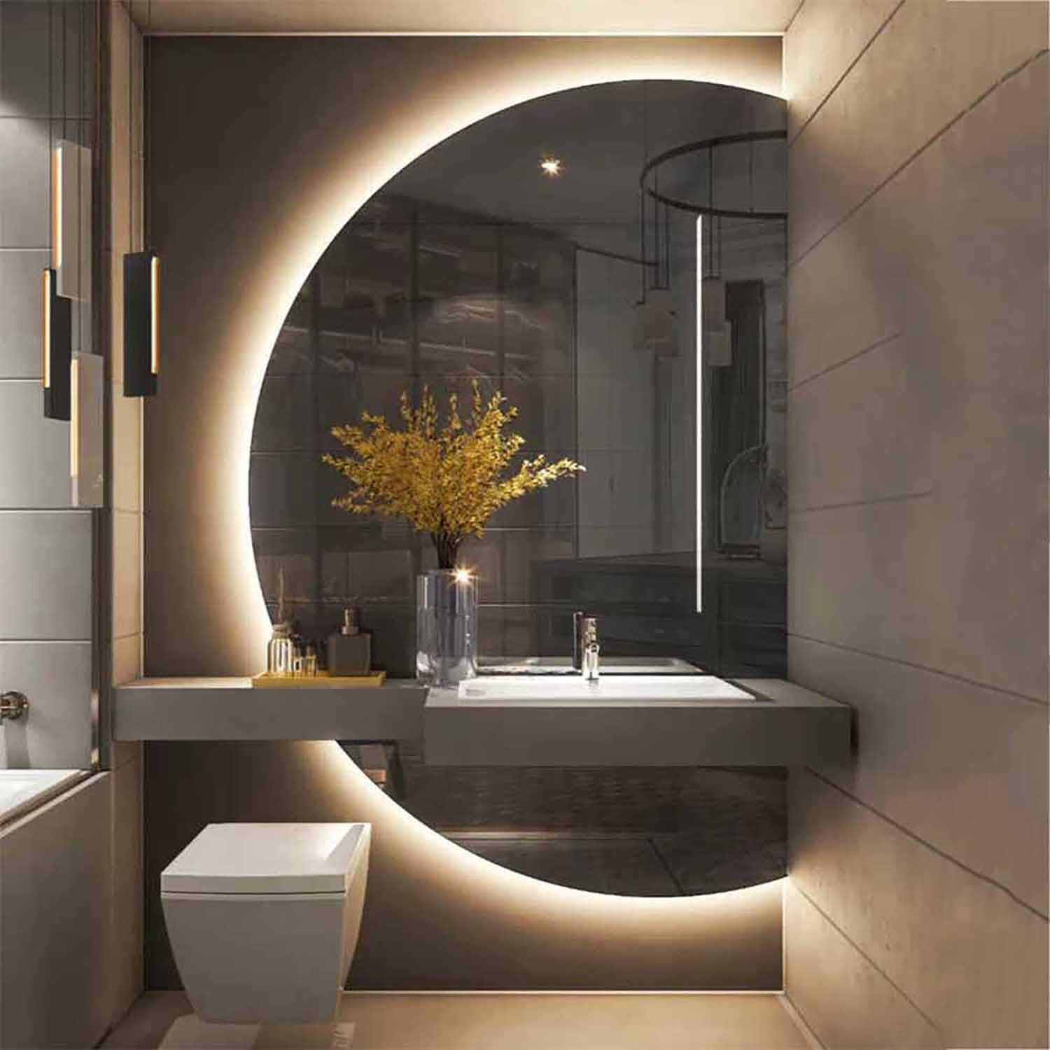 FGXHHS Smart 120cm Wall Mounted Half Moon LED Lighted Vanity 130cm Dimmable Anti-Fog Arched Frameless Backlit for Home Decor(Left Half,130cm)