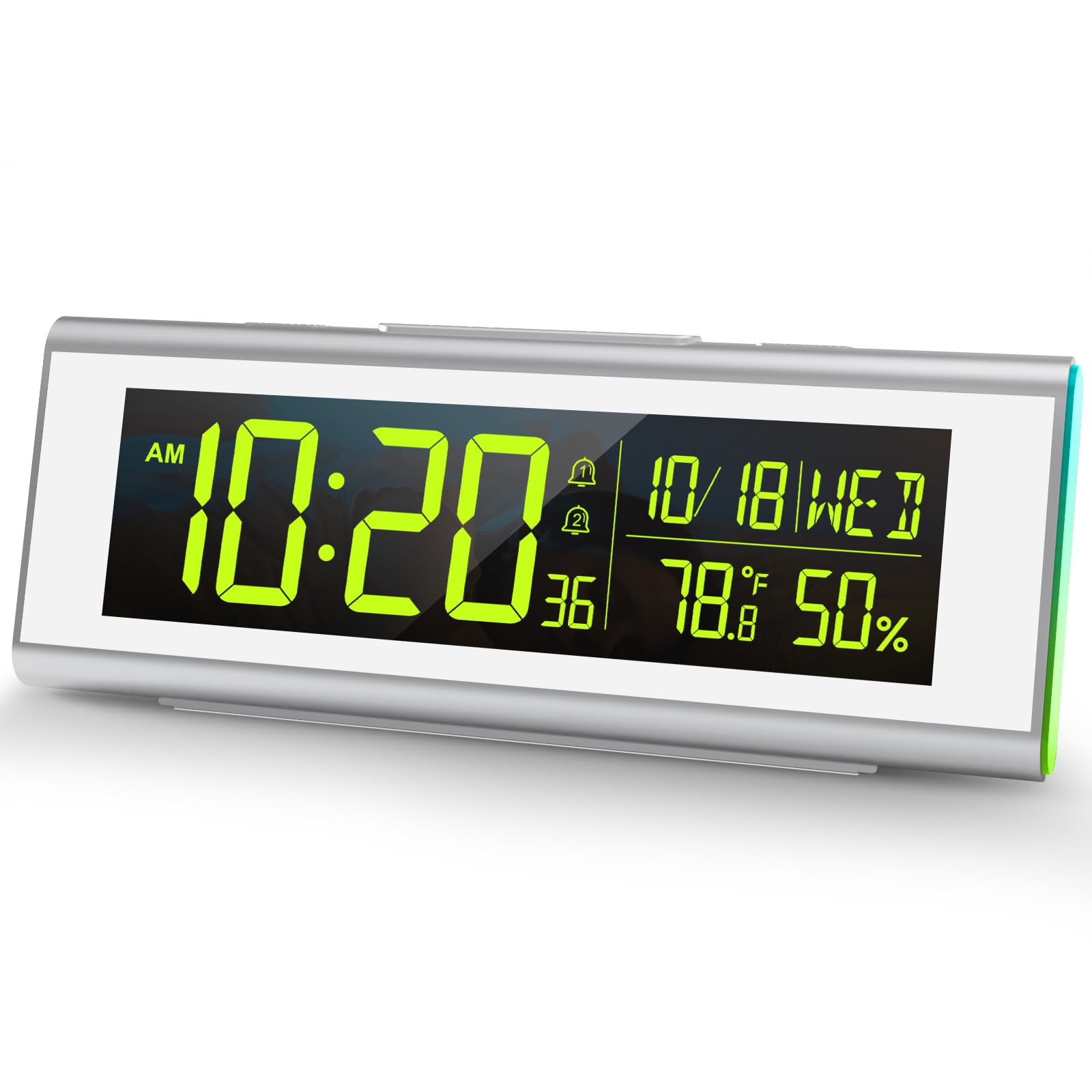 Réveil numérique pour chambre à coucher avec écran LCD, couleur atmosphère, cycle de couleur dégradé, avec affichage de la température et de l'humidité, fonction snooze (blanc)