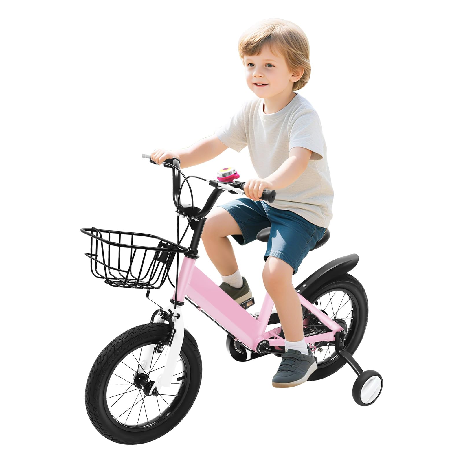 Bicicleta infantil de 14 pulgadas, con ruedines, cesta y borlas para el manillar en color rosa, para niñas y niños a partir de 3-5 años, manillar y asiento ajustables en altura, freno delantero