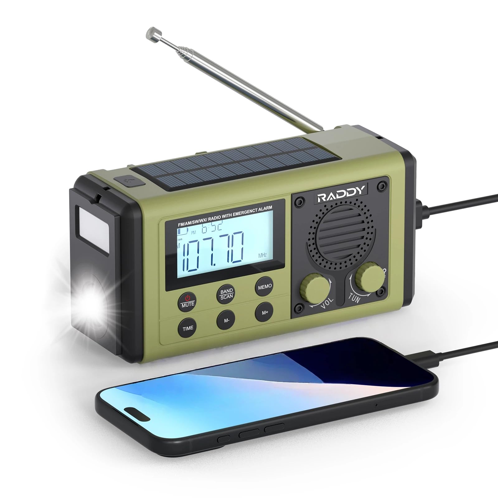 Raddy SH-908 Radio à manivelle IPX6, Radio d'urgence AM/FM/SW avec Solaire & USB, Lampe Torche/Lecture, SOS, Boussole, Chargeur de téléphone pour Camping & coupures de Courant 10 000 mAh, Vert