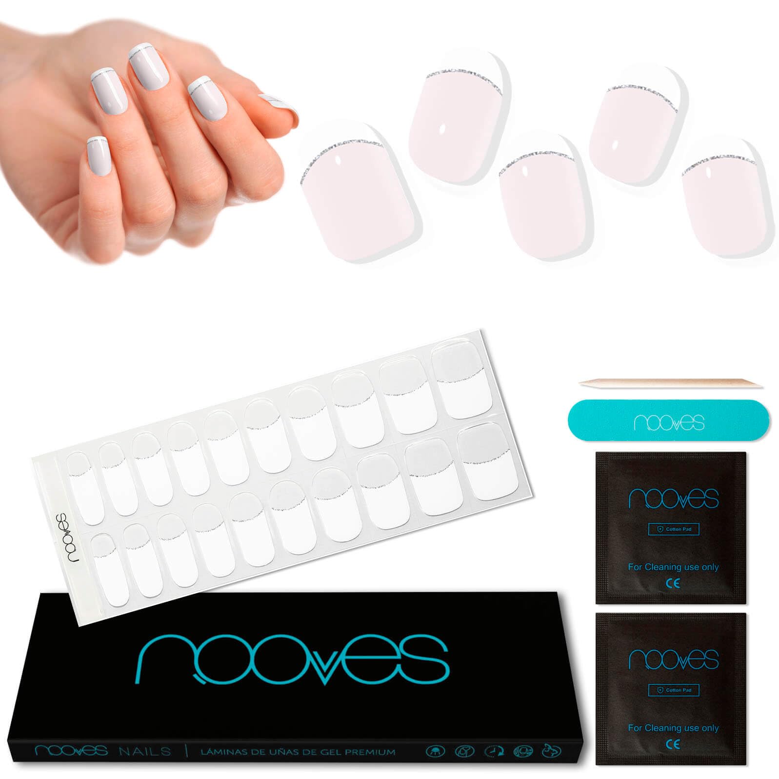 NOOVES NAILS Láminas de Uñas de Gel Precurado Premium - French - Francesa | Tiras De Uñas De Gel Semicurado| Pegatinas Uñas Semipermanente en Gel| Gel Nail stickers| Uñas de gel Pegatinas