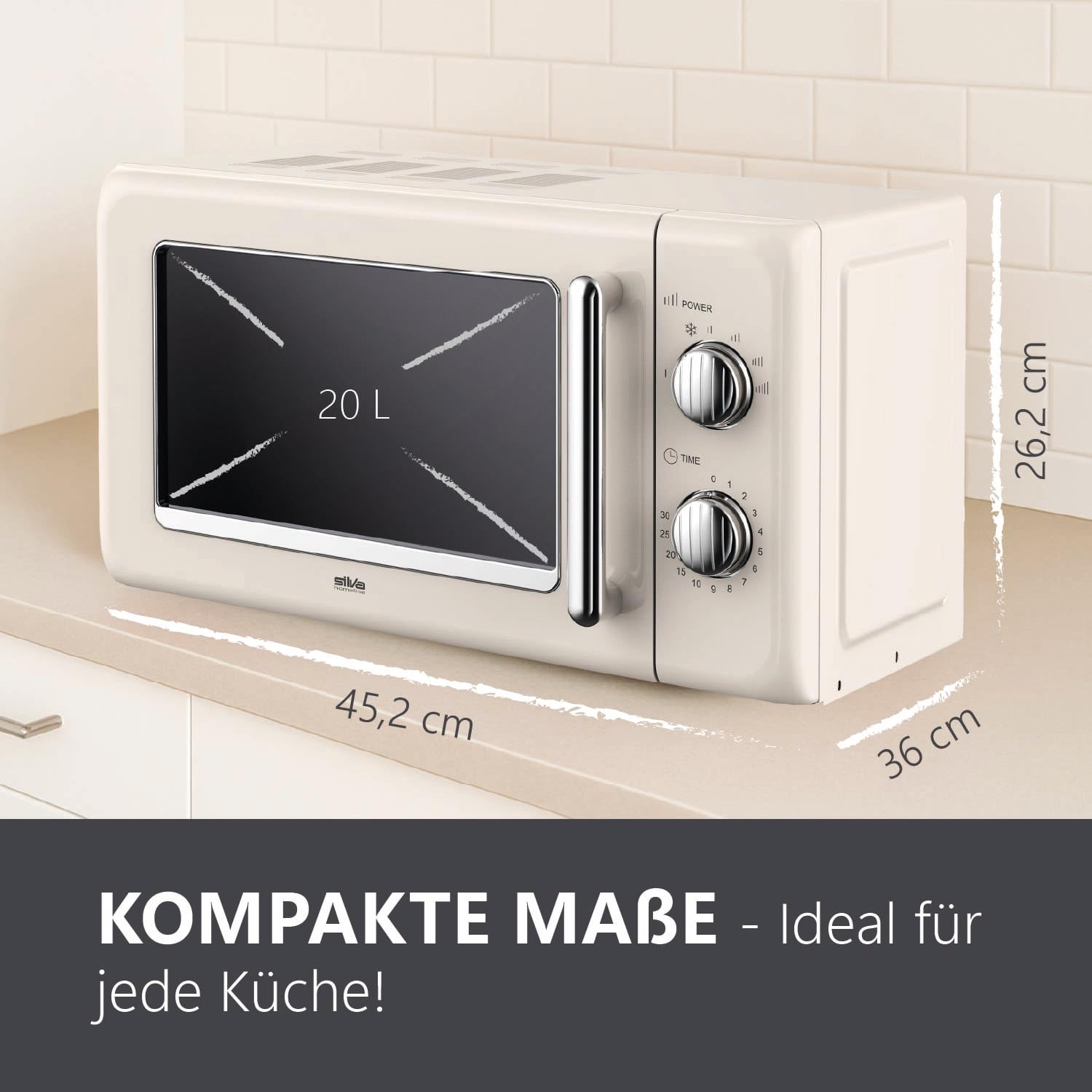 Silva Schneider MW-R 25.3 Retro Mikrowelle 20L, 700 Watt, 6 Leistungsstufen, Timer, verchromte Knöpfe & Griff, Endsignal – Farbe Beige