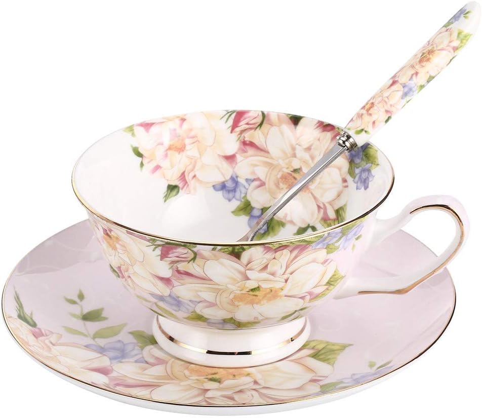JinGlory Pink Tea Cup,Floral Tea Cup and Saucer Set,Bone China Tea Set,Coffee Cup,Tea Set for Adults/Friends/Women/Men,7OZ