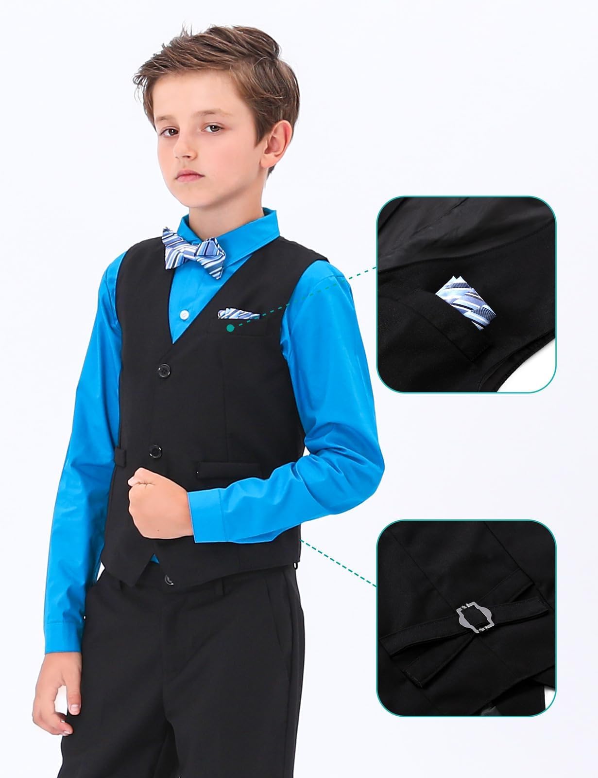 A&J DESIGN Completo formale da bambino, 6 pezzi, con camicia, gilet, pantaloni, cravatta, papillon e tasca quadrata