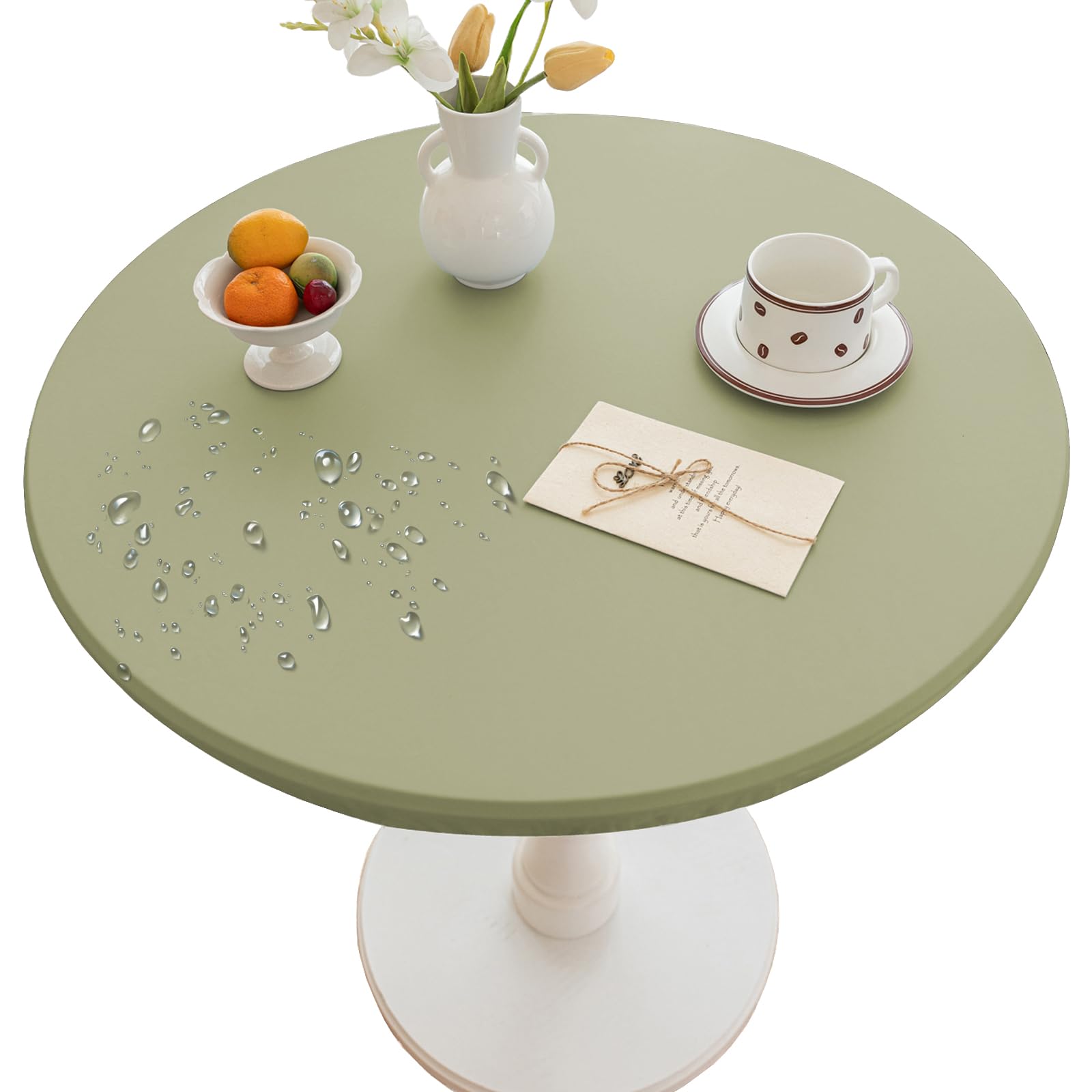 Thdsubb Round Tablecloth Leather Waterproof Tablecover Elastic Edged Fitted Table Protector Cover Wipeable for Home Picnic Party (Green,110cm)